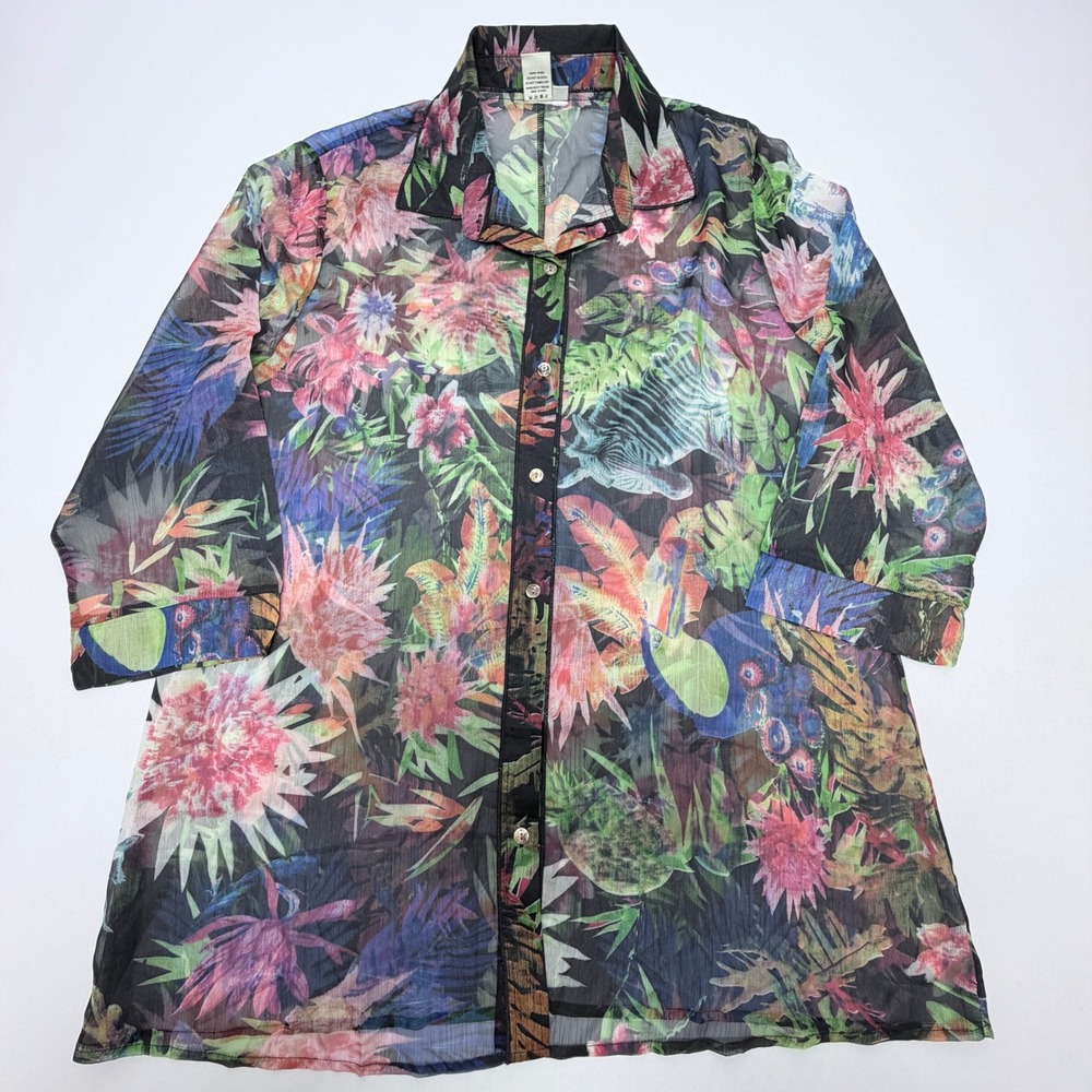 Dikalady Womens 1X Tropical Floral Sheer Button Up Tunic Shirt 3/4 Sleeve Jungle